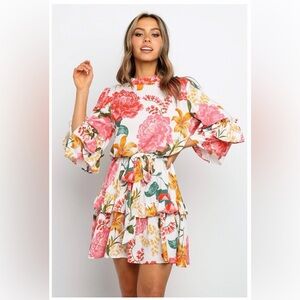 Petal & Pup Floral Ruffle Mini Dress - Pink, Gold, White